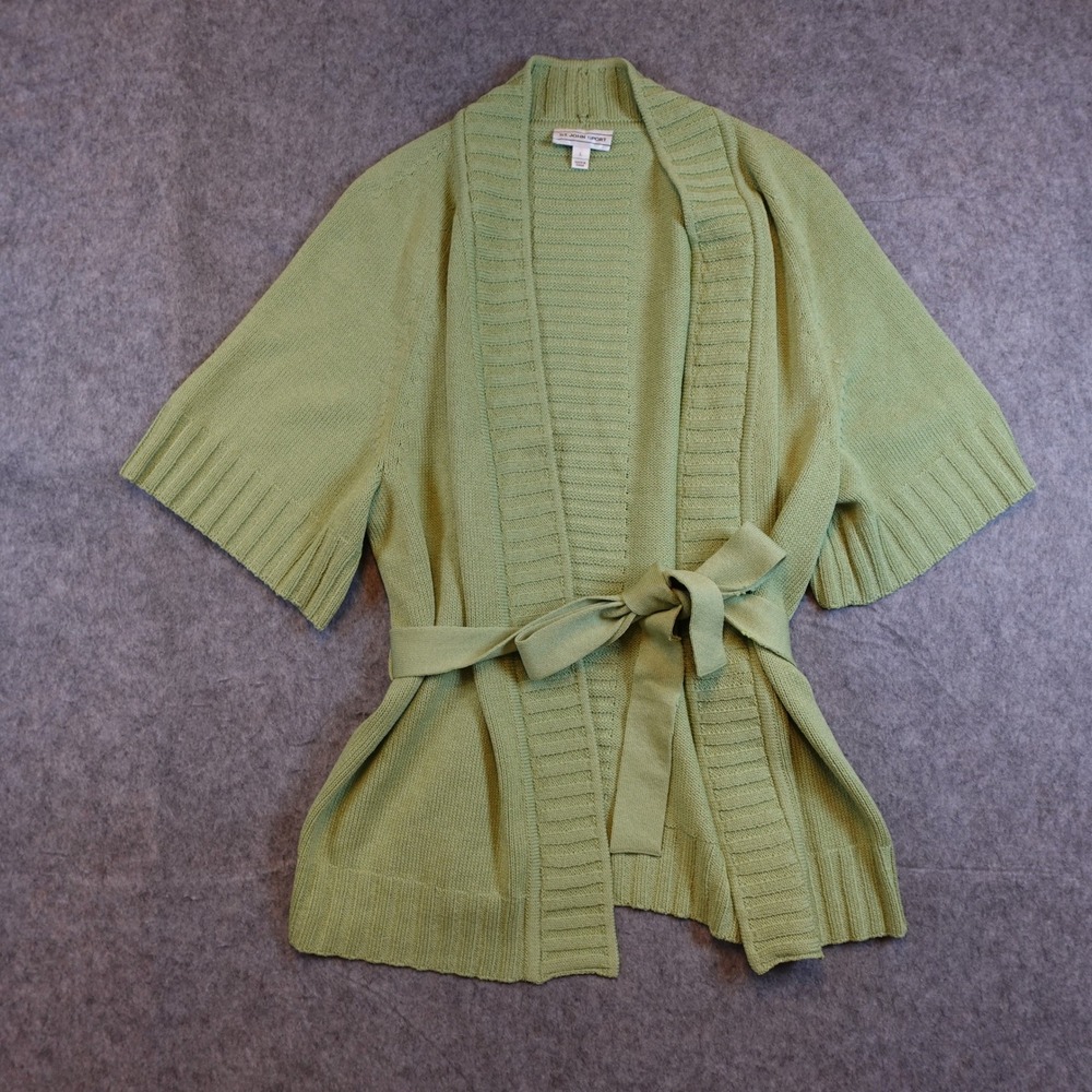 St John Sport Cardigan Women Large Green Wool Blend Short Sleeve Belted Ribbed